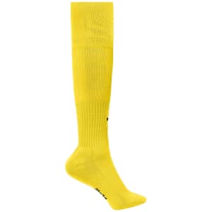 A pair of knee-high socks in bright yellow, featuring a logo on the side.