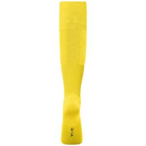 A pair of yellow team socks with a ribbed design, featuring a logo on the sole.