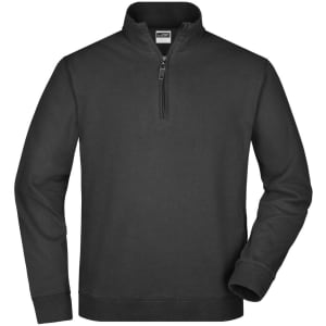 A black round-neck zip jumper with long sleeves and a zip at the collar. It features a logo on the chest.