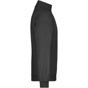 A black round-neck zip jumper with long sleeves and a fitted collar, featuring a logo on the side.