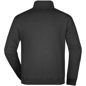 A black round-neck zip jumper with a smooth back design. It features a collar and long sleeves.