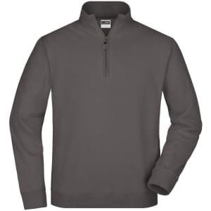 A grey round-neck zip jumper with long sleeves and a zippered collar. The product has a logo on the chest.