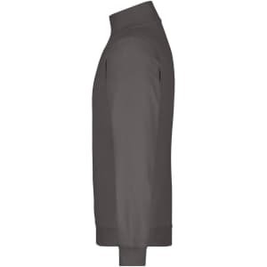A round-neck zip jumper in grey, featuring a side view of the fitted design and sleeve. Includes branding.