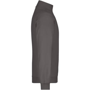 A grey round-neck zip jumper with long sleeves and a fitted design. It features a logo on one side.
