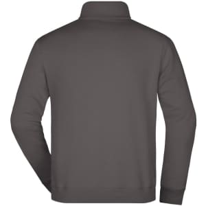 A round-neck zip sweater in a dark grey colour, featuring a plain back design and long sleeves.