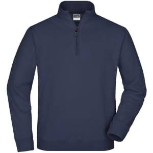 A navy blue round-neck zip jumper featuring a quarter zip design and long sleeves. It includes a brand logo.