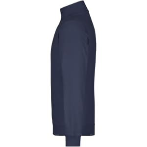 A round-neck zip jumper in navy with a fitted silhouette and long sleeves. Features a logo on the garment.