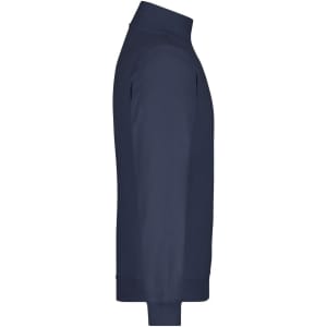A side view of a navy round-neck zip jumper, featuring long sleeves and a snug fit. The item has a logo.