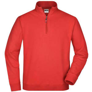 A red round-neck zip jumper with long sleeves, featuring a zippered neckline and a logo.
