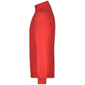 A red round-neck zip jumper with long sleeves, featuring a fitted silhouette. It has a plain design and includes a logo.