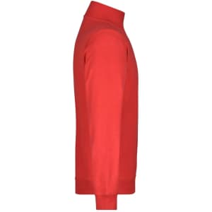 A red round-neck zip sweater displayed from the side, featuring long sleeves. The product has a logo.