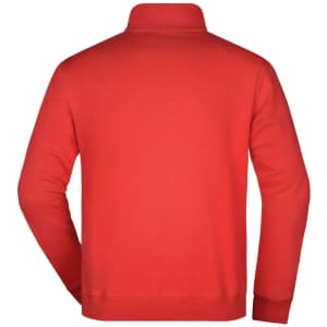 A red round-neck zip jumper showcasing a plain back view. It features a collar and has a logo on one side.