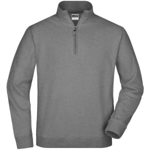 A grey round-neck zip jumper featuring a half zip and long sleeves. It has a logo on the label.