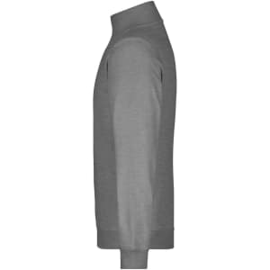 A grey round-neck zip jumper with long sleeves and ribbed cuffs, featuring a logo on the front.