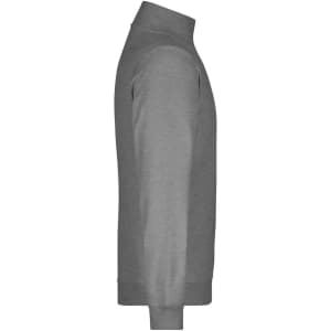 A grey round-neck zip jumper featuring a side view with long sleeves. It includes a logo on the garment.