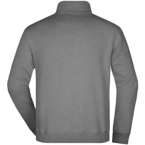 A grey round-neck zip jumper with long sleeves and a soft texture, featuring a logo on the back.
