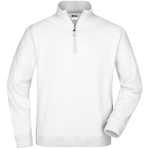 A white round-neck zip jumper with long sleeves and a half zipper at the collar, featuring a branded label.
