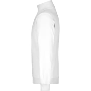 A white round-neck zip jumper featuring long sleeves and a fitted design. It includes branding on the garment.