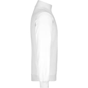 A white round-neck zip jumper with long sleeves displayed from the side. It features a branding logo.