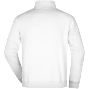 A white round-neck zip jumper with a smooth back design, featuring a logo.