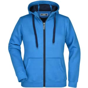 A blue Ladies Doubleface Jacket with a hood, featuring a zip closure and front pockets. It has a contrasting inner colour.