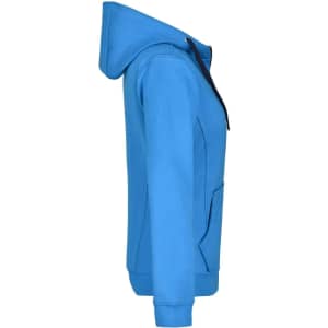 A blue ladies doubleface jacket featuring a hood and front pockets. It includes a logo on the design.