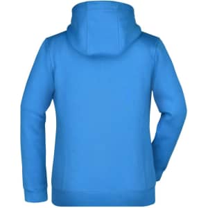 A blue ladies' doubleface jacket with a hood and long sleeves, featuring a logo on the back.