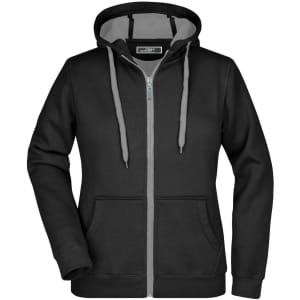 A women's doubleface jacket featuring a black exterior and grey interior, with a zip front and hood.