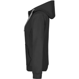 A ladies doubleface jacket in black with a hood, featuring a front pocket and a grey drawstring.