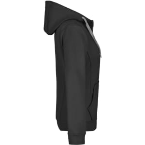 A side view of a ladies' double-face jacket in black with a grey hood and drawstring. The jacket features a pocket and has branding.
