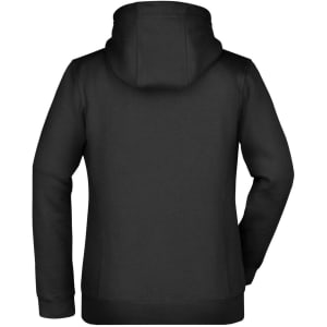 A black Ladies Doubleface Jacket with a hood, showcasing a plain back view. It has a logo on the fabric.