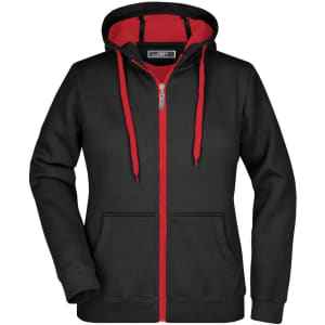 A black and red doubleface jacket with a zip front, hood, and two front pockets. It features a logo on the label.