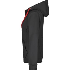 A black ladies doubleface jacket featuring a red hood and drawstrings, with a side view showcasing its design.