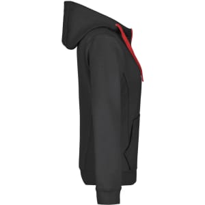 A ladies doubleface jacket in black with a red hood and drawstring, featuring a side view and a pocket.