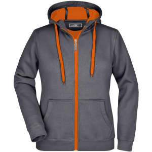 A grey ladies doubleface jacket with an orange hood and drawstrings, featuring a zip front and side pockets.