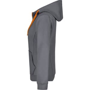 A ladies' doubleface jacket in grey with an orange hoodie and pocket, featuring a branding logo.