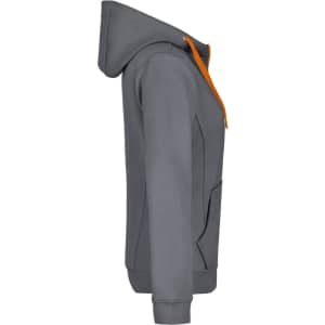 A ladies’ doubleface jacket in grey with an orange hood drawstring and front pockets, featuring a logo.