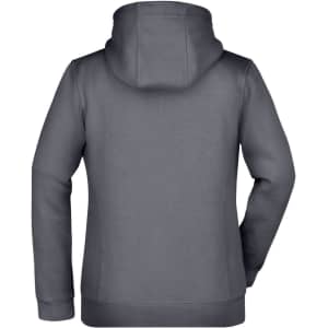 A grey ladies doubleface jacket with a hood, featuring a simple design and a subtle branding element.