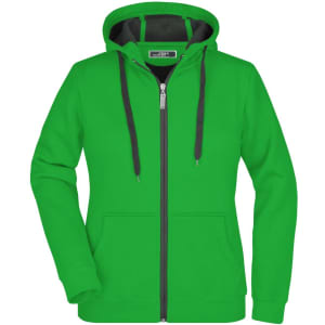A green double-faced jacket with a hood, featuring a grey interior and a zippered front. It has a logo on the label.