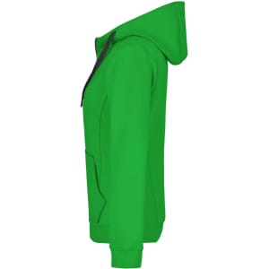 A green ladies' doubleface jacket with a hood, featuring a front pocket and a branding logo.