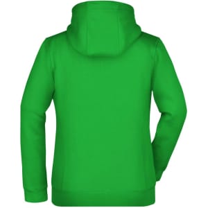 A bright green ladies doubleface jacket with a hood, featuring a plain back design and a logo.