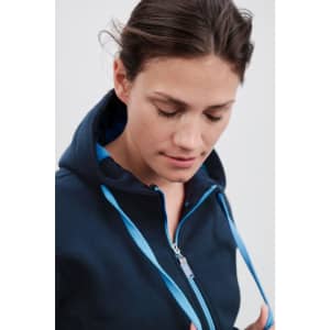 A navy blue doubleface jacket with a contrasting light blue hood and drawstrings, featuring a zip-up front.