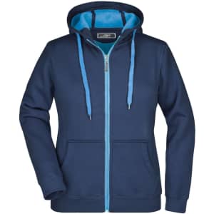A ladies' doubleface jacket in navy blue, featuring a blue hood lining and front zip with pockets.
