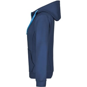 A ladies doubleface jacket in navy blue, featuring a hood and a front pocket. It has a contrasting blue drawstring and a logo.