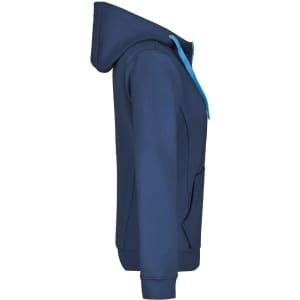 A navy blue ladies doubleface jacket with a hood and turquoise drawstrings, featuring a pocket and branding.