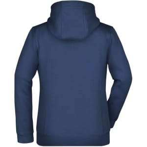 A navy blue ladies doubleface jacket with a hood, featuring a logo on the back.