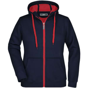 A navy blue double-faced jacket with a red hood and zipper, featuring front pockets and drawstrings.