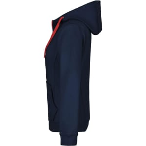 A navy ladies doubleface jacket with a hood and red accents, featuring a front pocket. Includes branding.