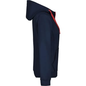 A navy blue ladies doubleface jacket with a hood and red accents, featuring a front pocket.