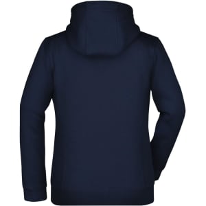 A navy blue doubleface jacket with a hood, featuring a simple design and a branded logo on the back.